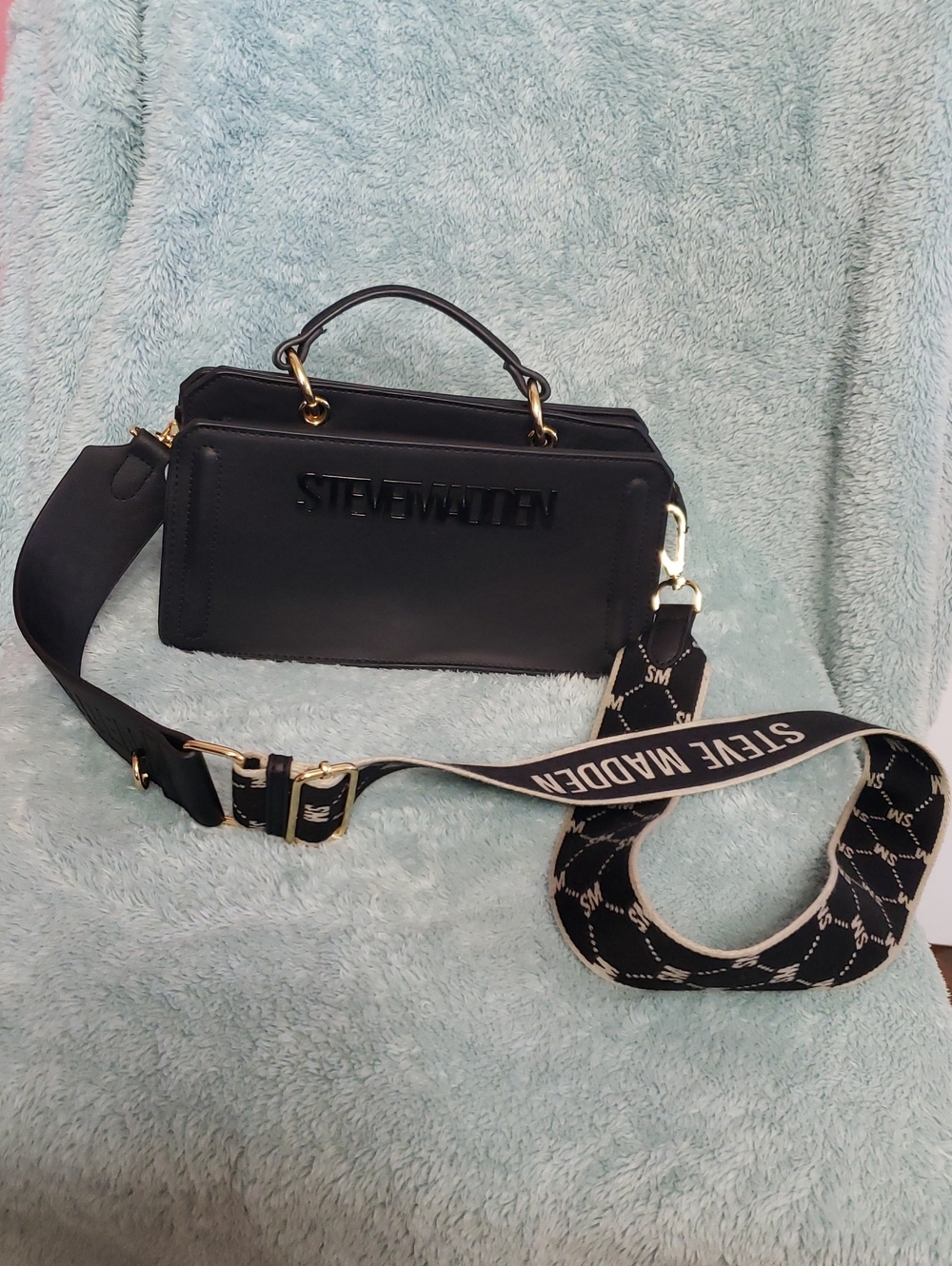 Purse   Steve Madden Black Leather Crossbody with Branded Wide Strap